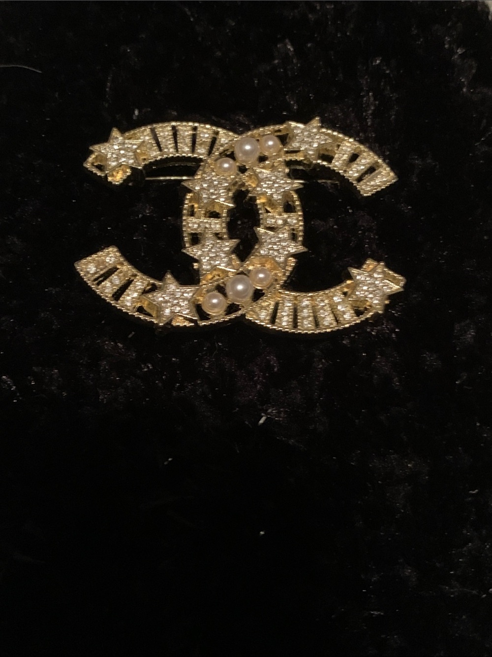 NEW! Gold Crystal & Pearl Interlocking CC Brooch - Designer-Inspired